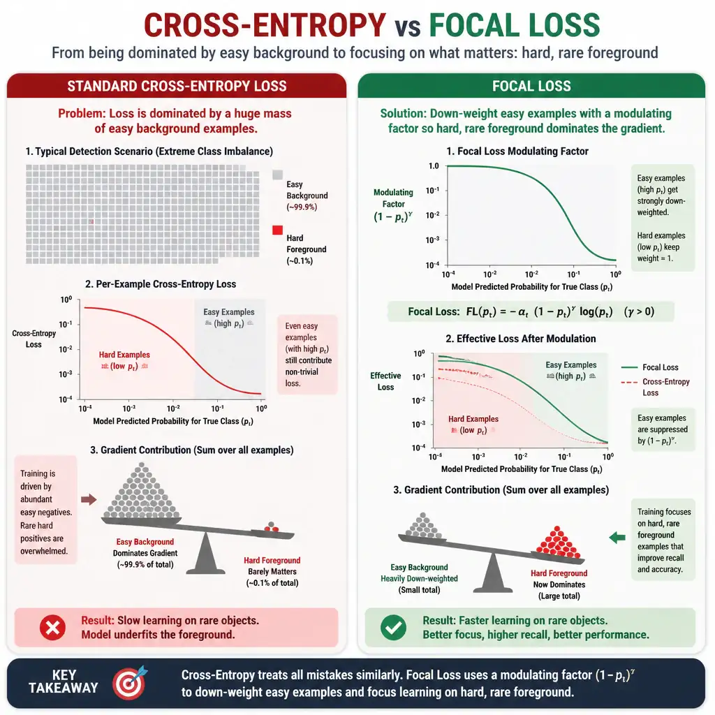 An infographic contrasting standard cross-entropy loss dominated by a huge mass of easy background examples versus Focal Loss down-weighting those easy examples with a modulating factor curve, spotlighting the rare hard foreground examples that now dominate the gradient.