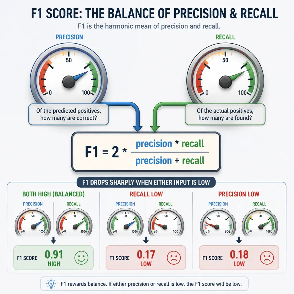 An infographic showing precision and recall as two dials feeding into a harmonic-mean formula box labeled 'F1 = 2 (precision recall) / (precision + recall)', with a visual contrast showing F1 dropping sharply when either input dial is low.