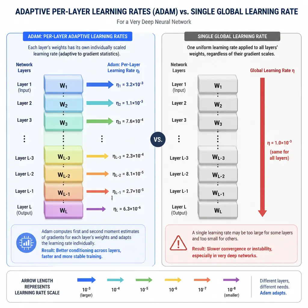 An infographic showing a very deep neural network with many stacked layers, each layer's weights receiving its own individually scaled adaptive learning-rate arrow from Adam, contrasted with a single uniform arrow representing one global learning rate for all layers.