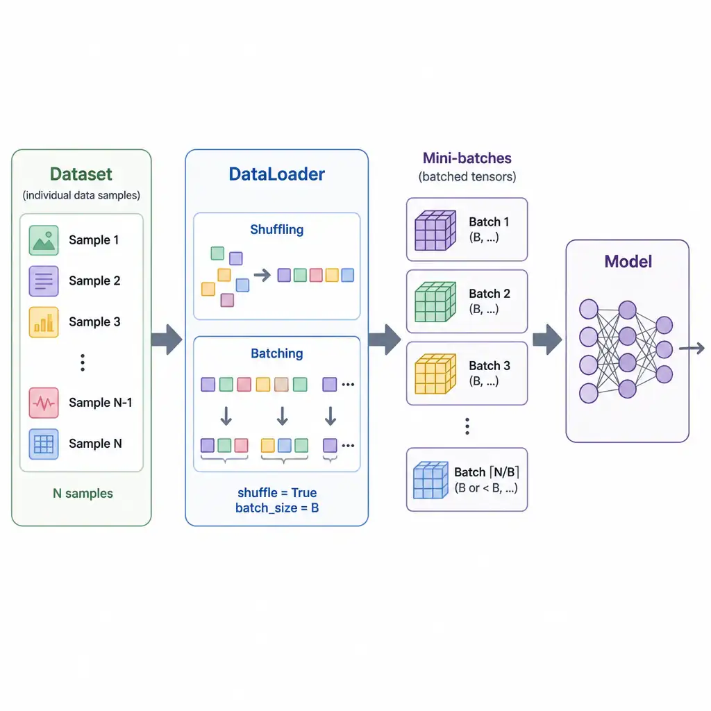 A pipeline diagram showing a Dataset icon (individual data samples) feeding into a DataLoader icon labeled with shuffling and batching arrows, which outputs neatly grouped mini-batch tensors flowing toward a model icon.