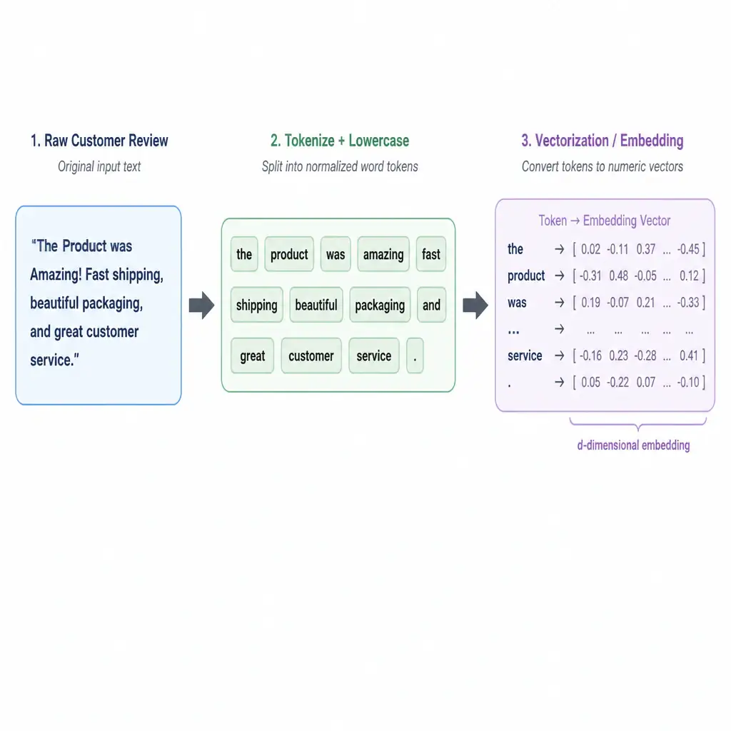 A text-processing pipeline diagram showing a raw customer review sentence at the start, an arrow through a 'tokenize + lowercase' step splitting it into individual normalized word tokens, then an arrow toward a vectorization/embedding stage.