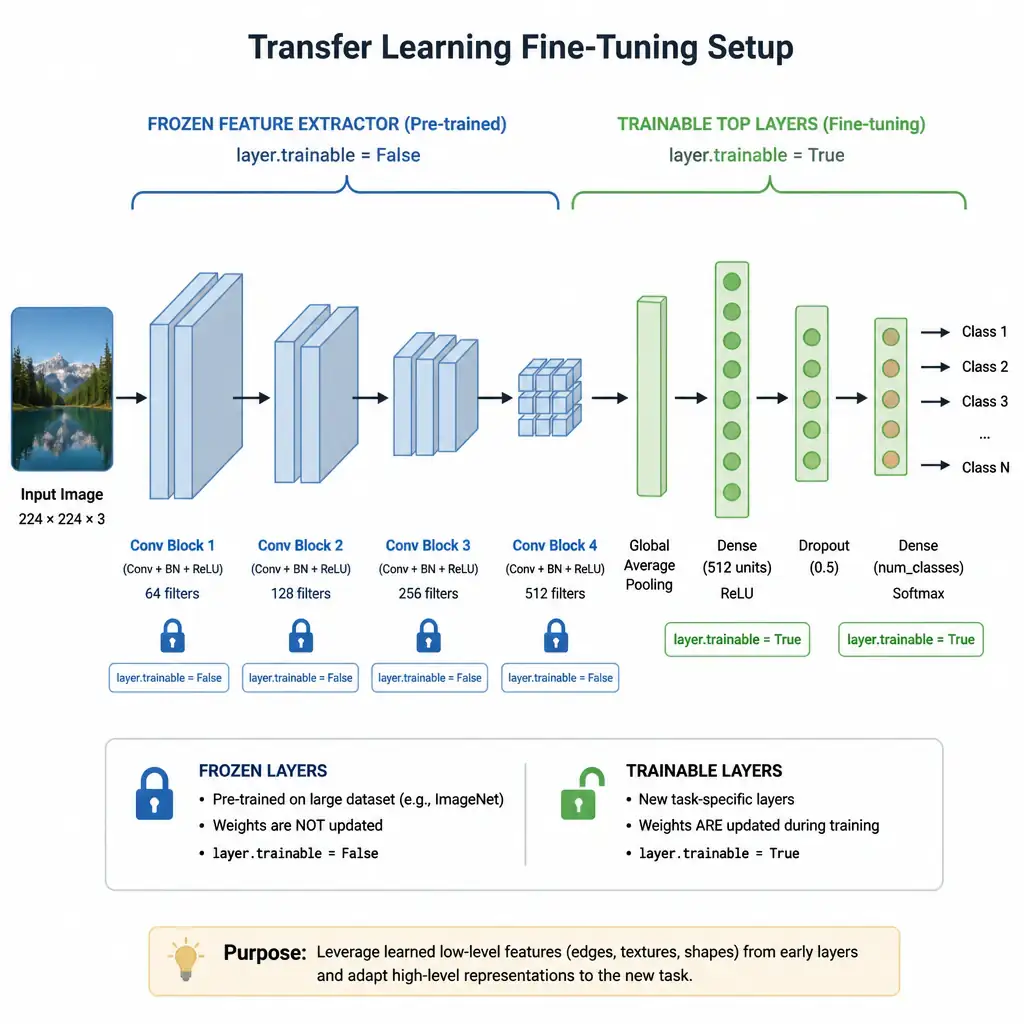 A neural network diagram showing frozen early convolutional layers (marked with a lock icon and layer.trainable = False label) feeding into unfrozen, actively-training top layers, illustrating a transfer-learning fine-tuning setup.