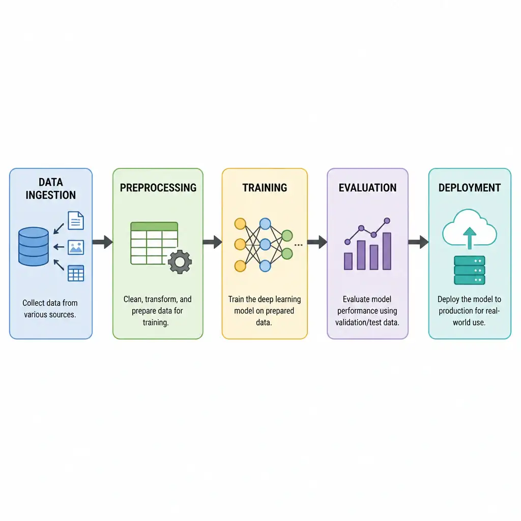 A horizontal flow diagram with labeled stage boxes in sequence: data ingestion, preprocessing, training, evaluation, deployment, connected by arrows, representing the end-to-end deep learning pipeline.