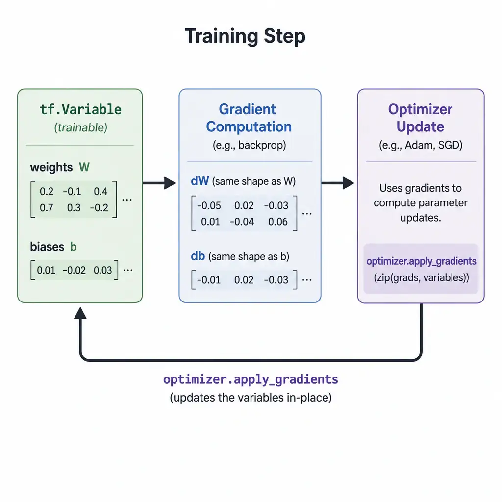 A diagram of a training step showing a tf.Variable box holding weights and biases, connected via arrows to a gradient computation step and then an update arrow labeled optimizer.applygradients looping back into the same Variable box.