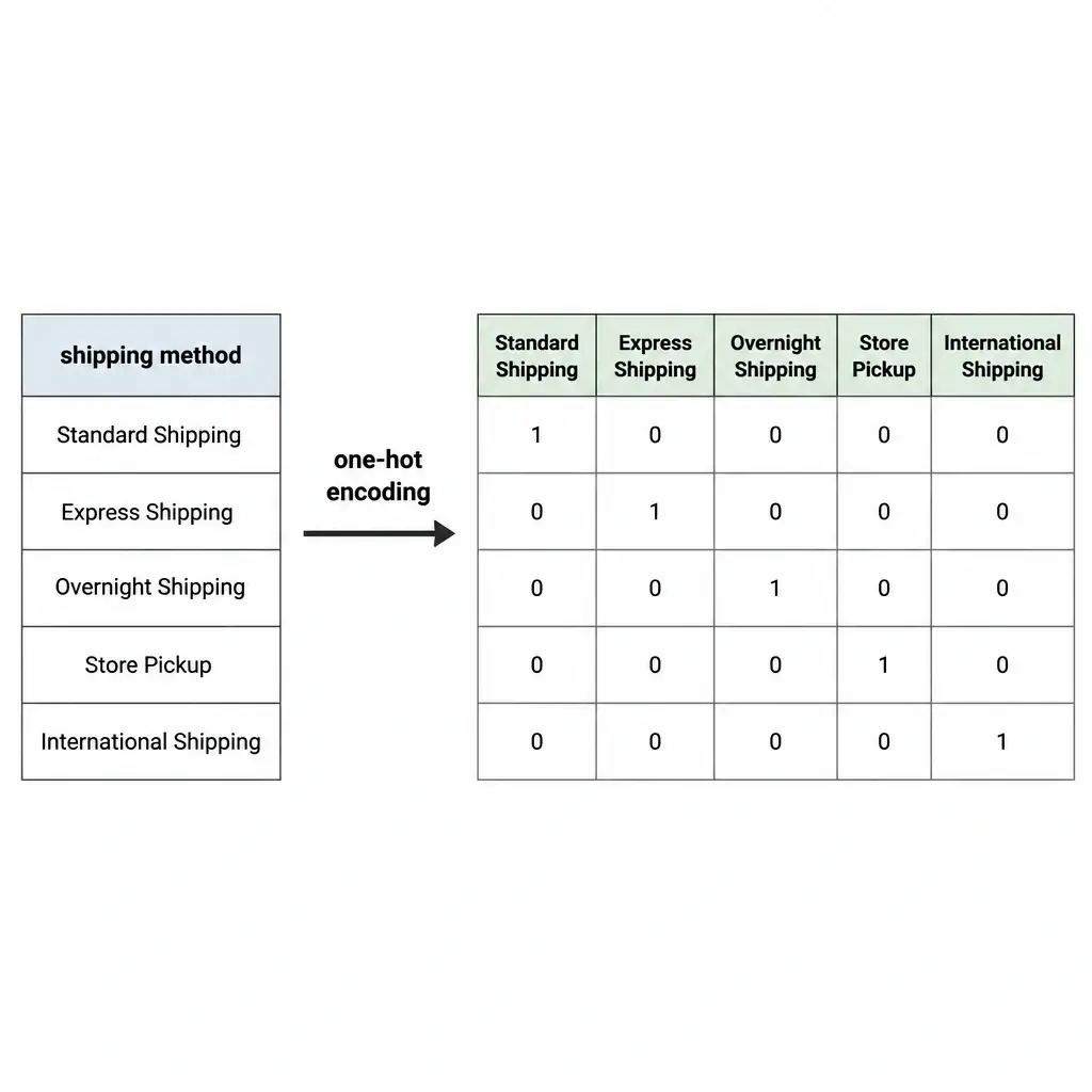 A table showing a single 'shipping method' column with 5 category values on the left, transforming via an arrow labeled one-hot encoding into 5 separate binary columns on the right, each with 0/1 values and only one 1 per row.