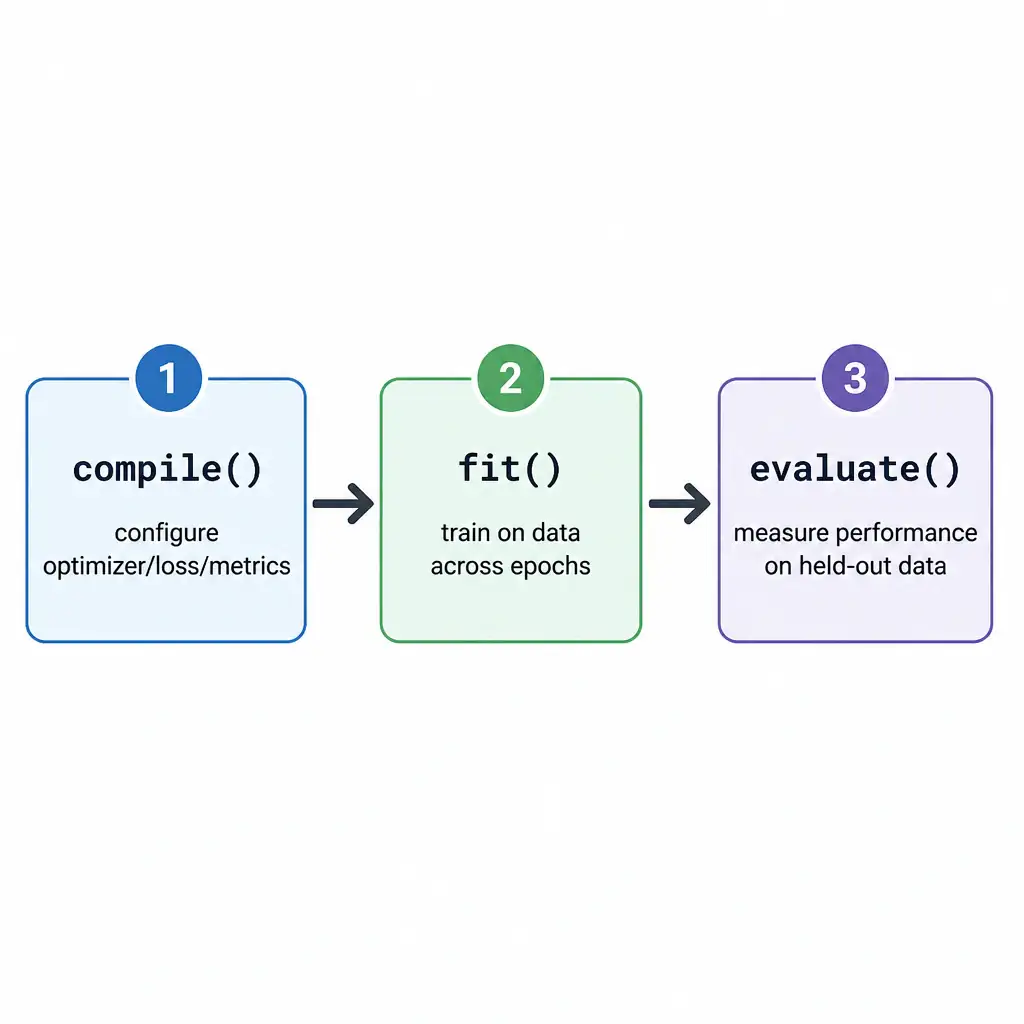 A three-step horizontal flow diagram labeled compile() — configure optimizer/loss/metrics, fit() — train on data across epochs, evaluate() — measure performance on held-out data, connected by arrows in that left-to-right order.