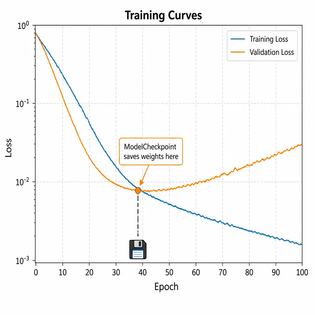 A training curve chart showing validation loss dipping then rising in later epochs (overfitting), with a marker at the lowest point labeled 'ModelCheckpoint saves weights here' and a small floppy-disk/save icon at that epoch.