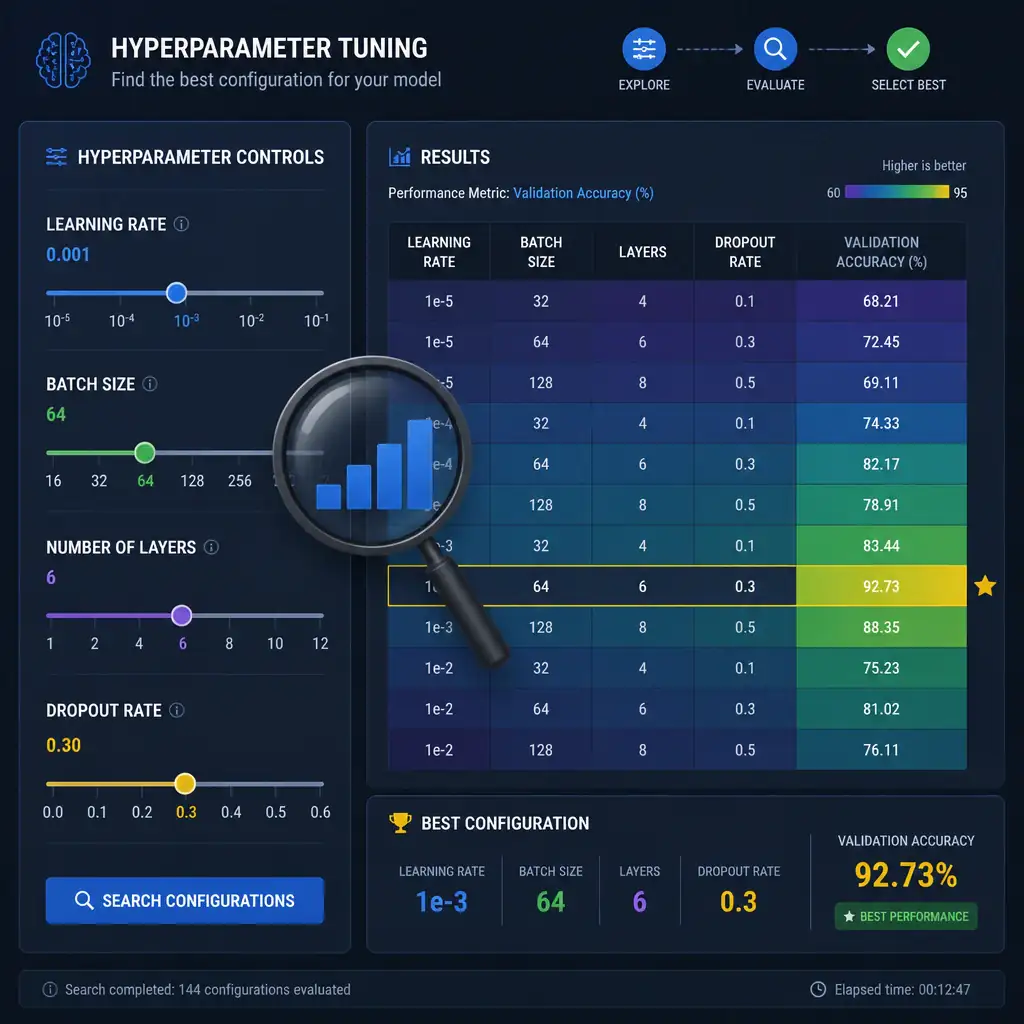 A dashboard-style diagram showing multiple dials/sliders labeled learning rate, batch size, number of layers, and dropout rate, with a magnifying glass or search icon over them and a resulting chart showing the best-performing configuration highlighted.