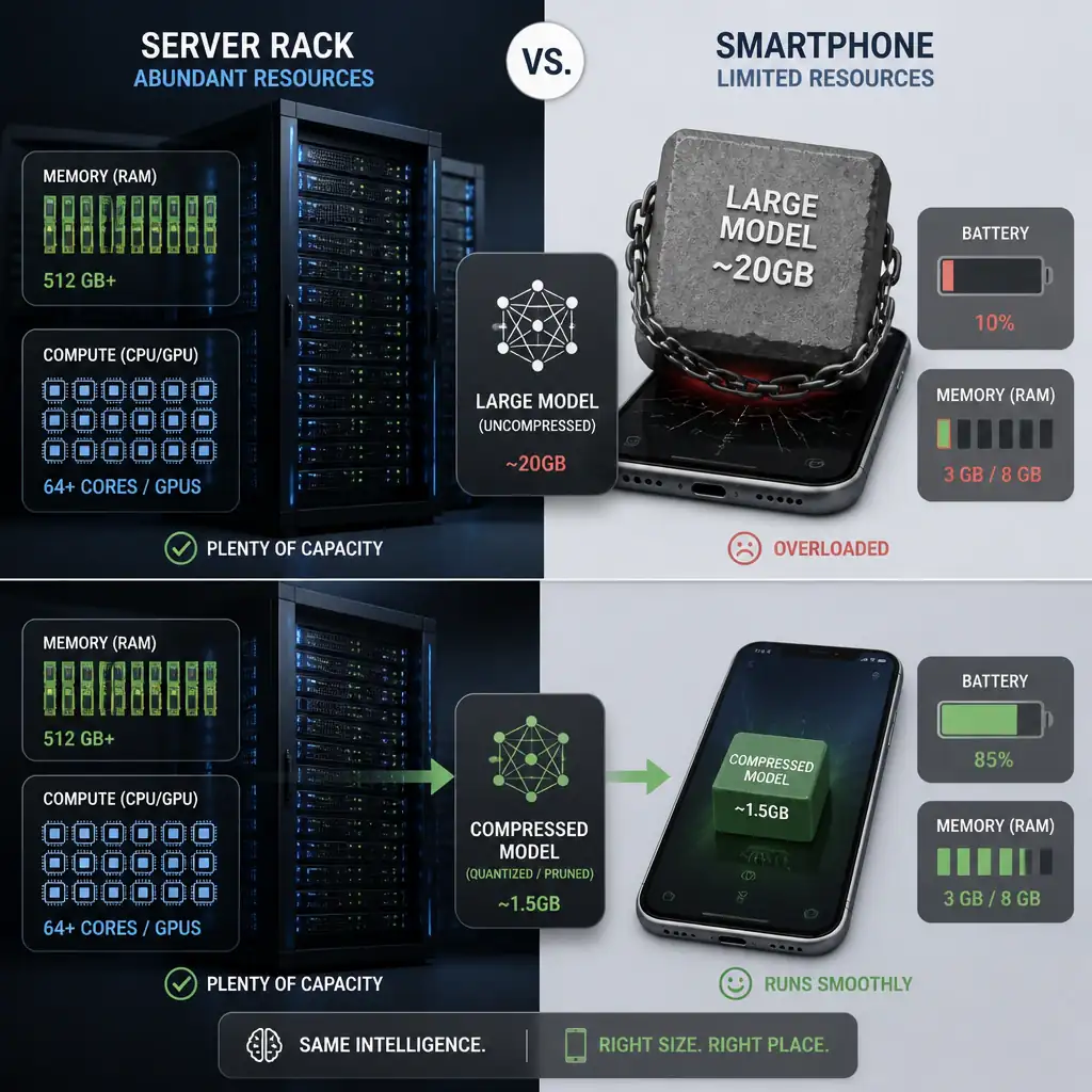 A side-by-side comparison showing a large server rack with abundant memory and compute icons versus a small smartphone with limited battery and RAM icons, with a large model weighing down the phone illustration versus a compressed model fitting comfortably.