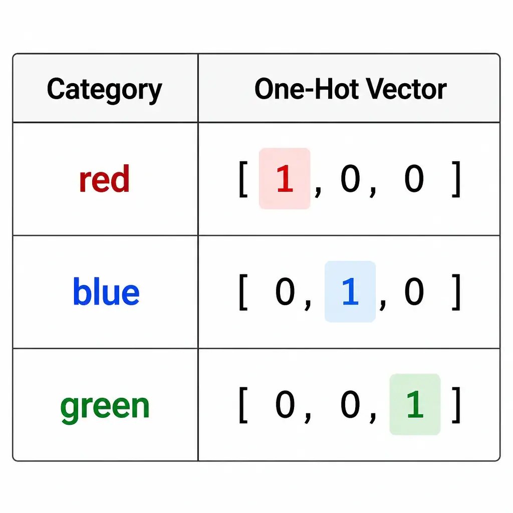 A simple table showing three category labels (red, blue, green) each mapping to a binary vector such as [1,0,0], [0,1,0], [0,0,1], visually highlighting the single 'hot' 1 in each row.