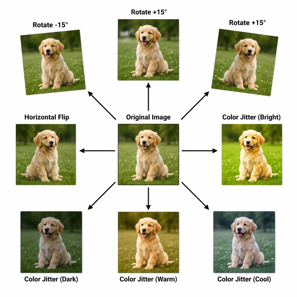 A single original training image at the center with multiple arrows radiating outward to several transformed copies showing rotation, horizontal flip, and color jitter variations, illustrating how one image becomes many diverse training samples.