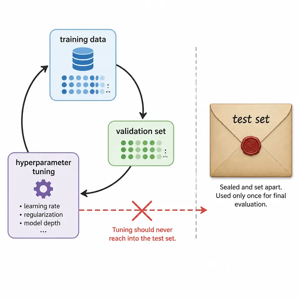 A sealed envelope labeled 'test set' set apart from a visible loop connecting training data, a validation set, and hyperparameter tuning, with a crossed-out arrow showing tuning should never reach into the sealed test set envelope.