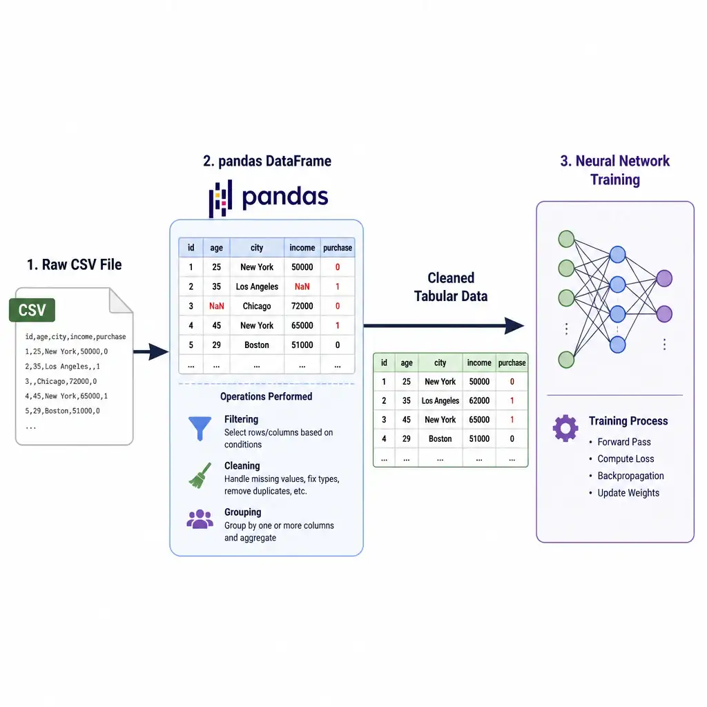 A workflow diagram showing a raw CSV file feeding into a pandas DataFrame icon labeled with filtering, cleaning, and grouping operations, then an arrow moving that cleaned tabular data toward a separate neural network training stage.