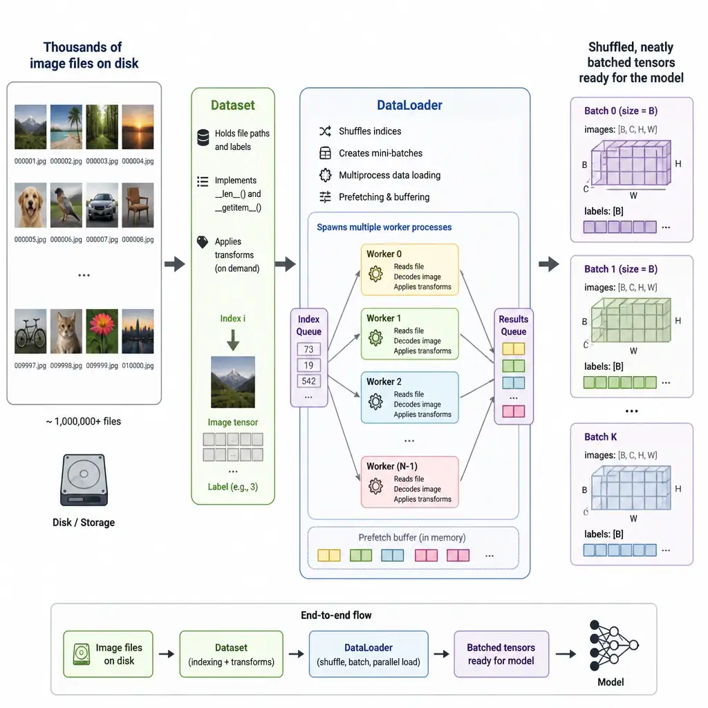 A diagram showing thousands of image files on disk feeding into a Dataset object, which is wrapped by a DataLoader shown spawning multiple parallel worker processes and outputting shuffled, neatly batched tensors ready for a model.