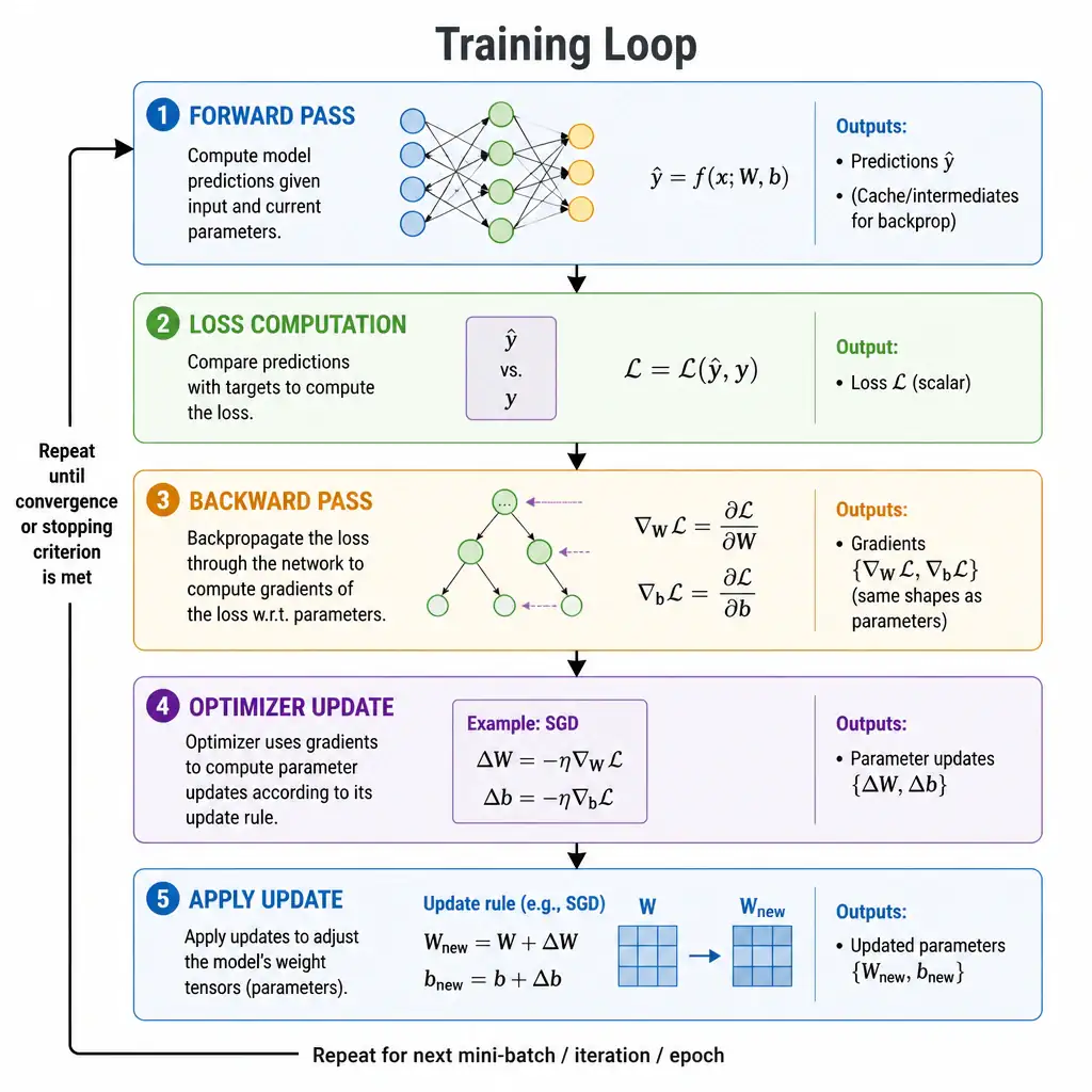 A training loop flow diagram showing forward pass, loss computation, backward pass producing gradients, and finally the optimizer applying an update rule to adjust the model's weight tensors, with each stage clearly labeled and separated.