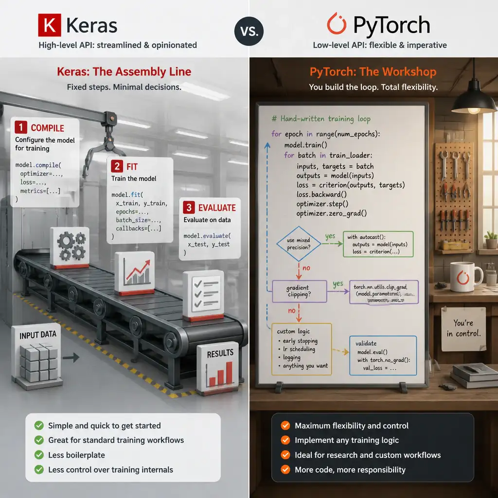A side-by-side comparison showing Keras as a streamlined assembly line with fixed steps (compile, fit, evaluate) versus PyTorch as an open workshop with a hand-written training loop containing branching arrows and custom logic blocks.