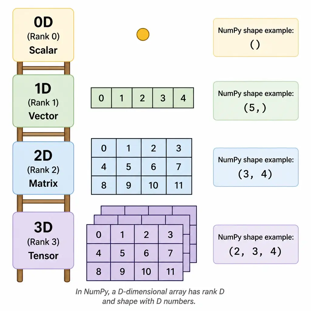 A visual ladder showing a scalar as a single dot, a vector as a single row of numbered boxes, a matrix as a grid of boxes, and a tensor as a stack of grids, each labeled with its rank and a NumPy shape example.