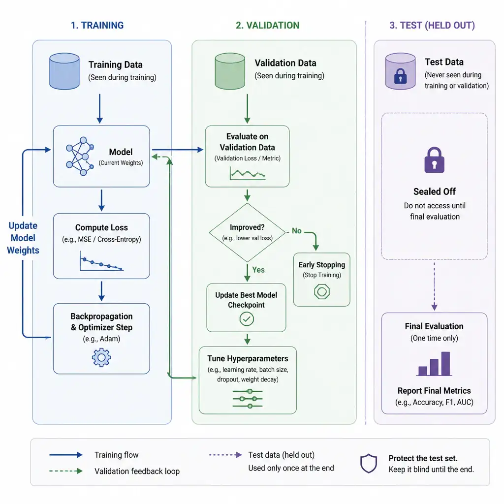 A three-part data pipeline diagram showing training data flowing into model weight updates, validation data flowing into a feedback loop for hyperparameter tuning and early stopping, and test data sealed off until one final evaluation at the end.