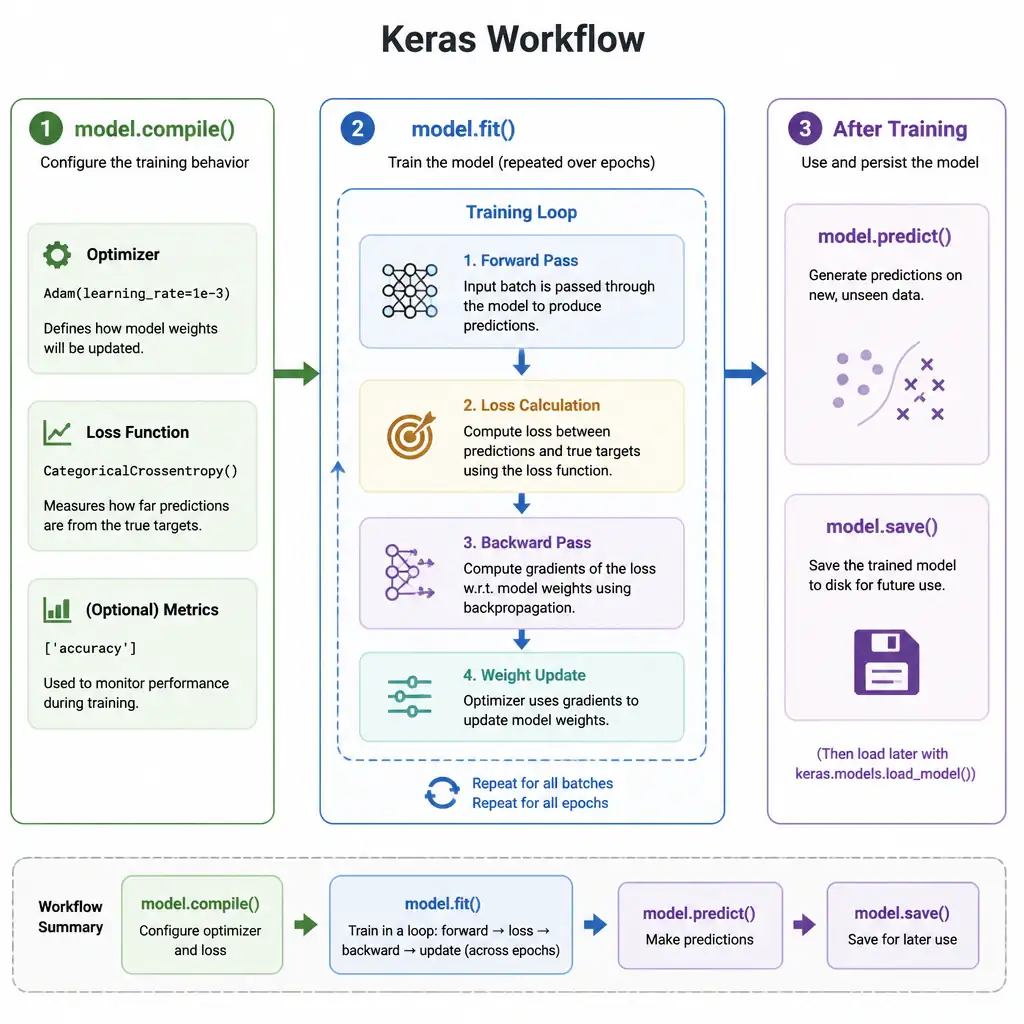 A Keras workflow diagram showing model.compile() configuring optimizer and loss, then an arrow into model.fit() shown as a repeating loop of forward pass, loss calculation, backward pass, and weight update across epochs, clearly separated from a later predict() and save() stage.