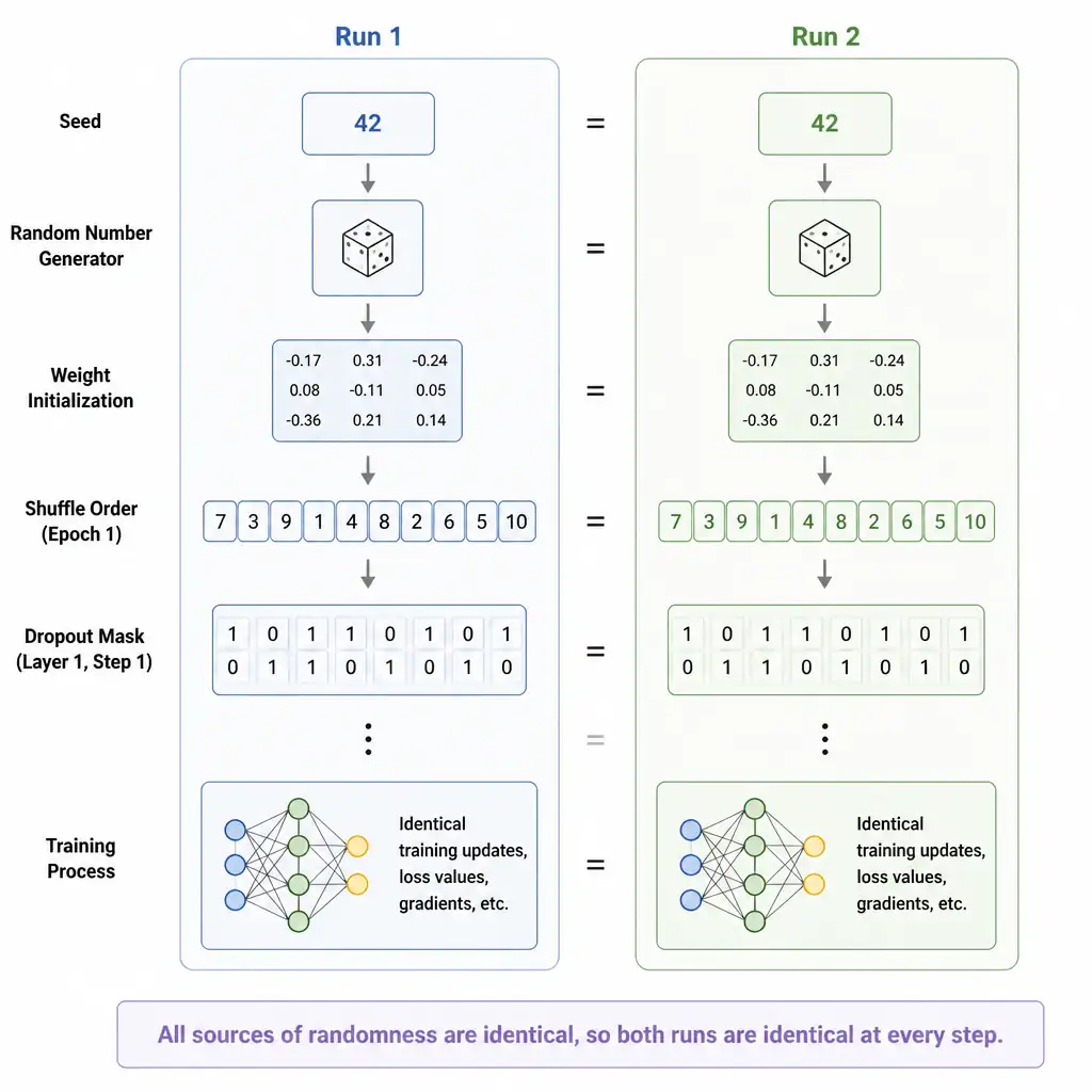 Two identical parallel training runs shown side by side, both starting from the same seed value feeding into a random number generator icon, producing identical weight initializations, identical shuffle orders, and identical dropout masks in both runs.