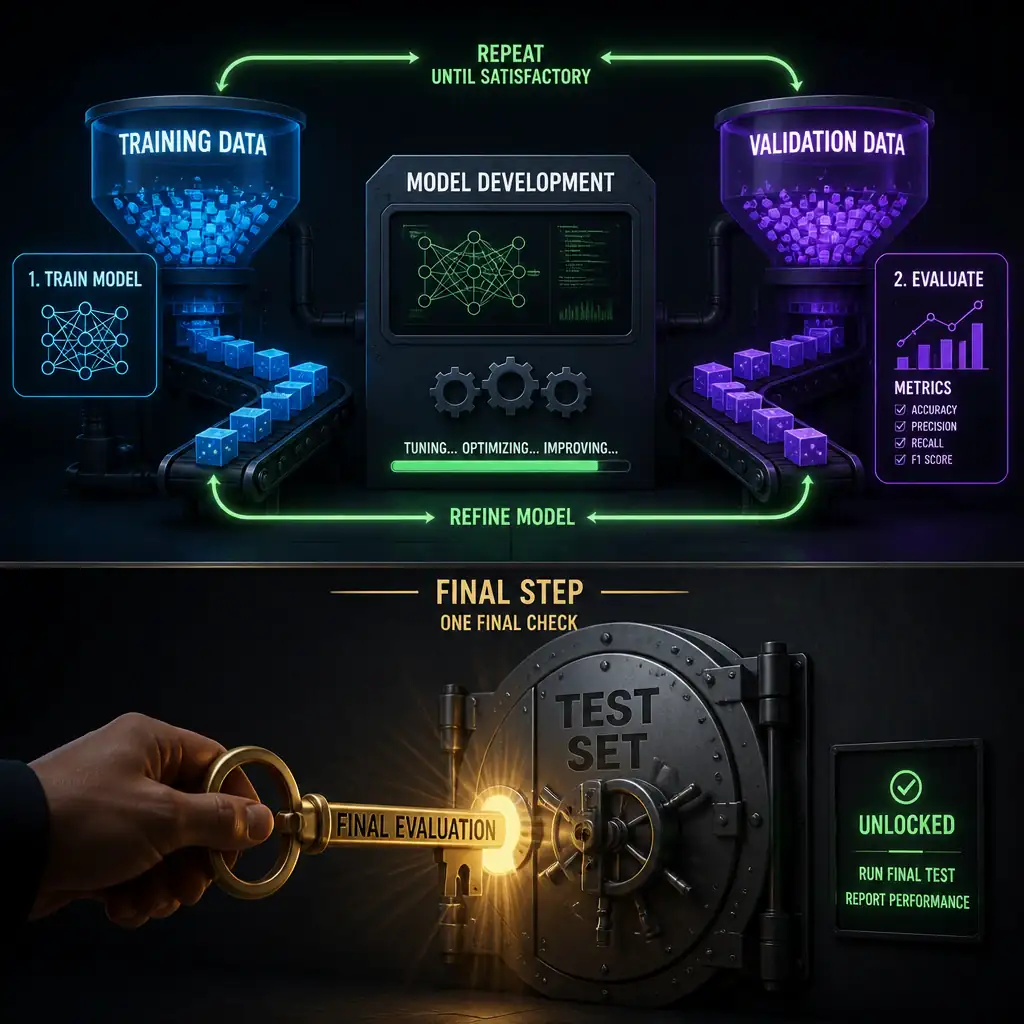 A locked vault labeled test set sitting untouched while training data and validation data actively cycle through a development loop, with a single key turning at the very end to unlock the vault for one final performance check.