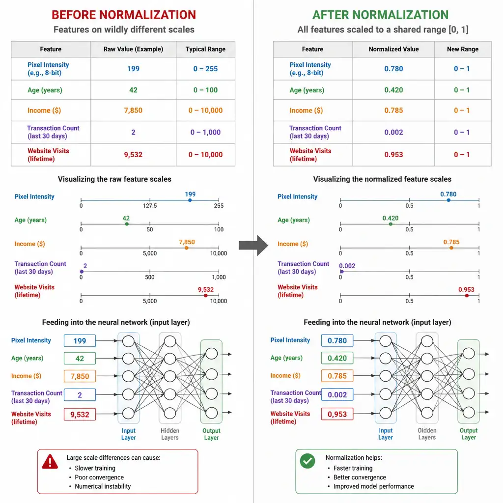 A before-and-after comparison showing raw numeric features on wildly different scales (0 to 255, 0 to 10000) on one side, and after normalization all features compressed into a shared 0 to 1 range on the other side, feeding cleanly into a neural network input layer.
