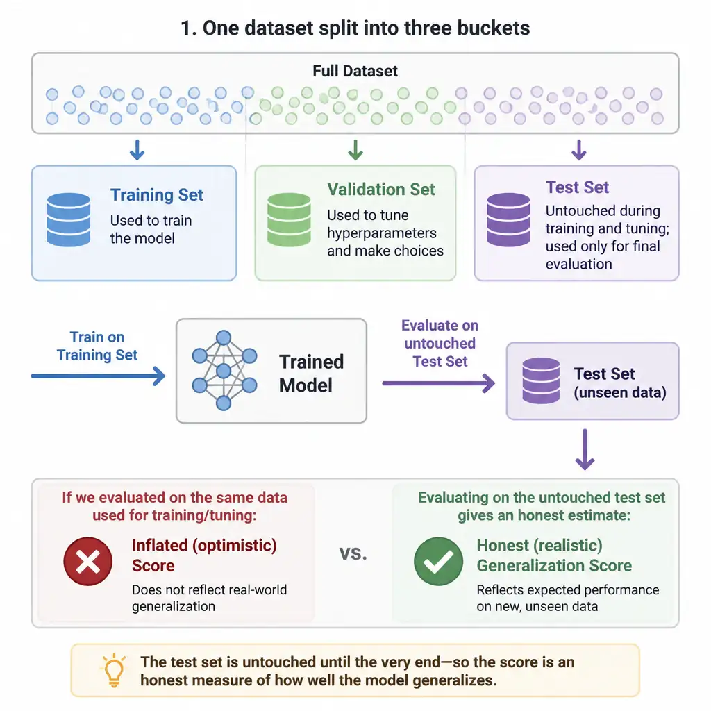 A single dataset being divided into three labeled buckets, training, validation, and test, with an arrow showing the trained model being evaluated against the untouched test bucket to produce an honest generalization score versus an inflated same-data score.