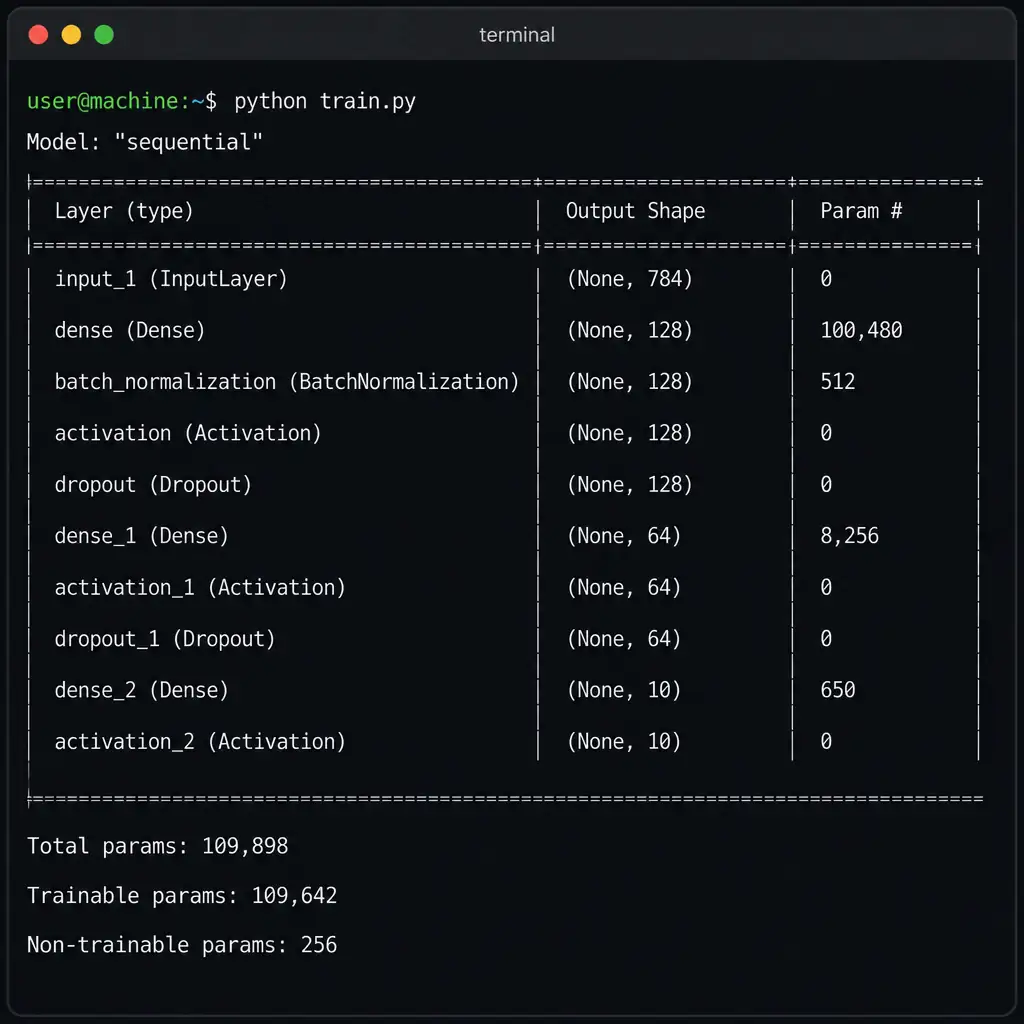 A terminal window showing the output of model.summary() as a clean table listing layer names, output shapes, and parameter counts, with a totals row at the bottom for trainable and non-trainable parameters.