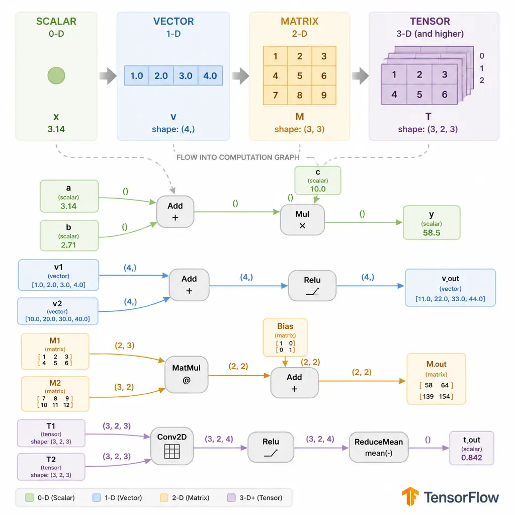 A progression of shapes labeled scalar, vector, matrix, and tensor, each shown as increasingly multidimensional arrays, all flowing as arrows into and out of nodes in a computation graph diagram representing TensorFlow operations.