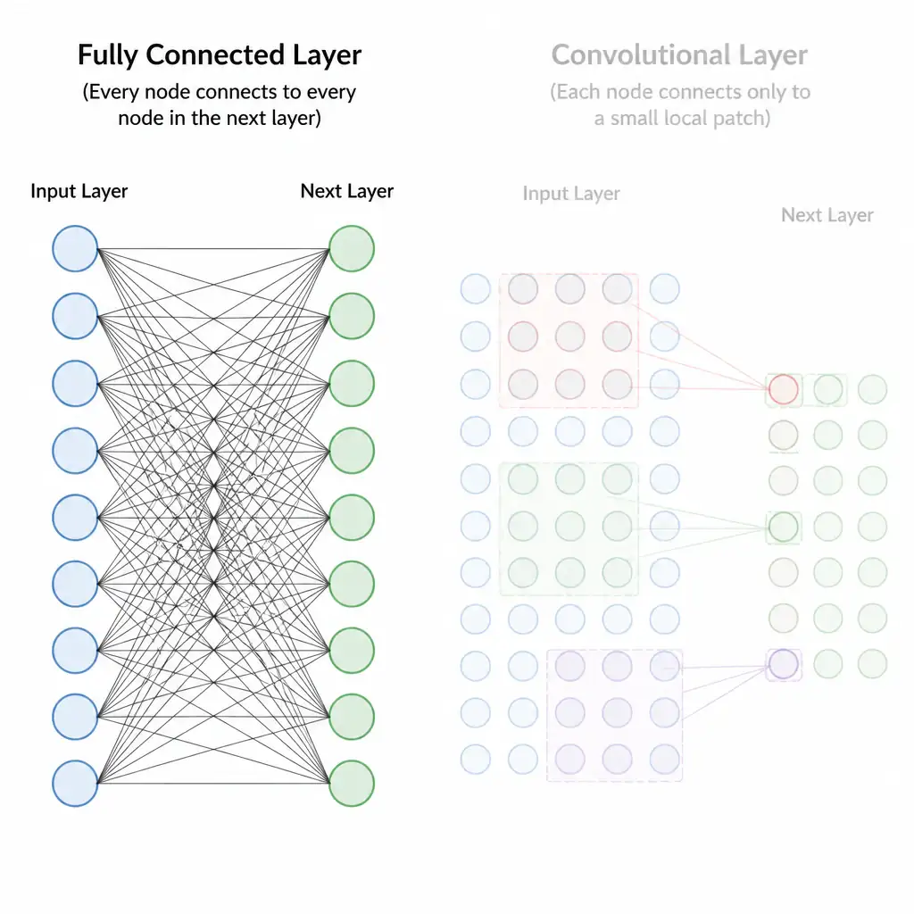 A neural network diagram showing one layer of neurons where every single node connects with a line to every single node in the next layer, contrasted faintly beside a convolutional layer where connections are restricted to small local patches.