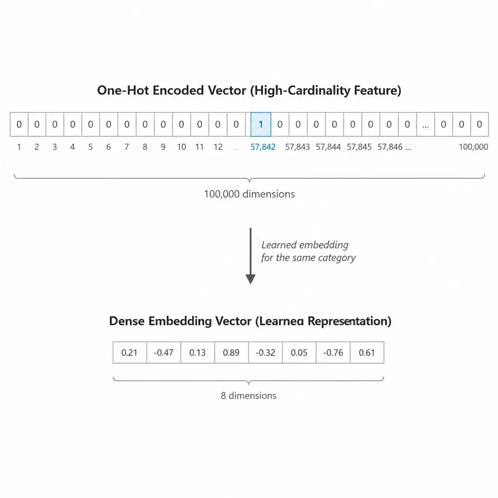 A one-hot encoded vector for a high-cardinality feature shown as a very long row of boxes, almost all containing zero with only a single one lit up, contrasted with a compact dense embedding vector of the same category shown as a short row of learned real numbers.
