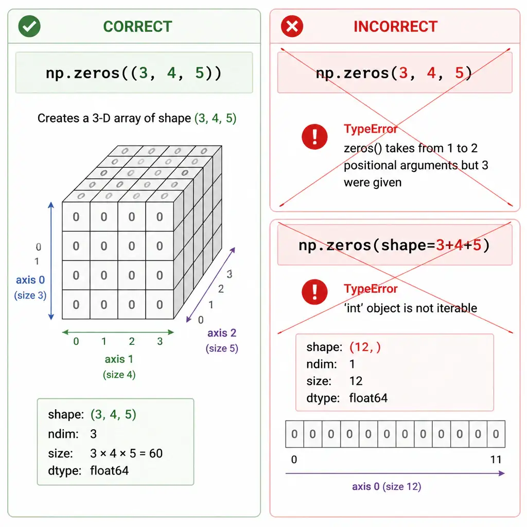 A side-by-side code comparison showing np.zeros((3, 4, 5)) correctly producing a labeled 3-D array of zero-filled boxes, next to crossed-out incorrect variants like np.zeros(3, 4, 5) and np.zeros(shape=3+4+5) each marked with an error icon.
