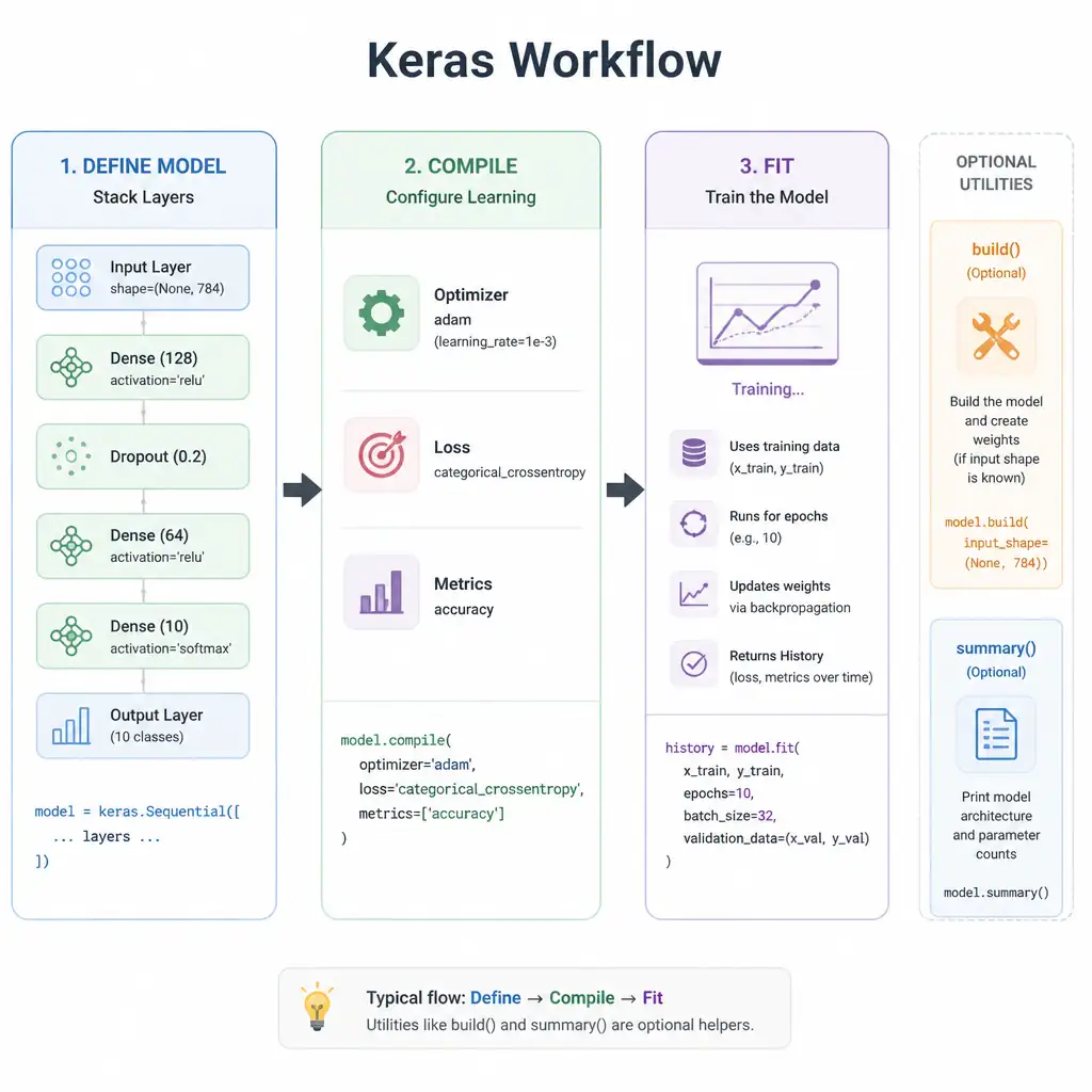 A Keras workflow diagram showing model layers being stacked, then an arrow into a compile step configuring optimizer, loss, and metrics icons, followed by an arrow into a fit step that actually trains, with build() and summary() shown as side, optional utilities.