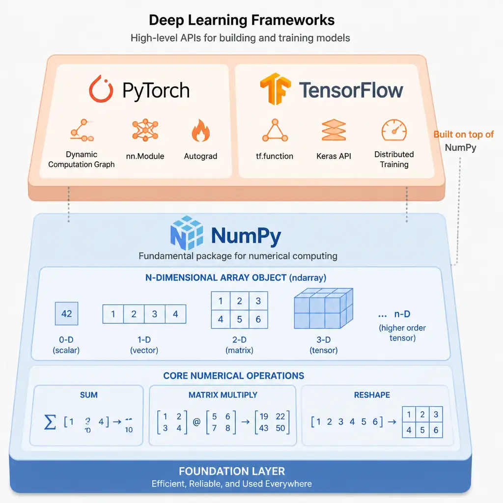 NumPy shown as a foundational layer of n-dimensional array boxes and numerical operation icons (sum, matrix multiply, reshape) sitting beneath higher-level deep learning framework icons like PyTorch and TensorFlow that are built on top of it.