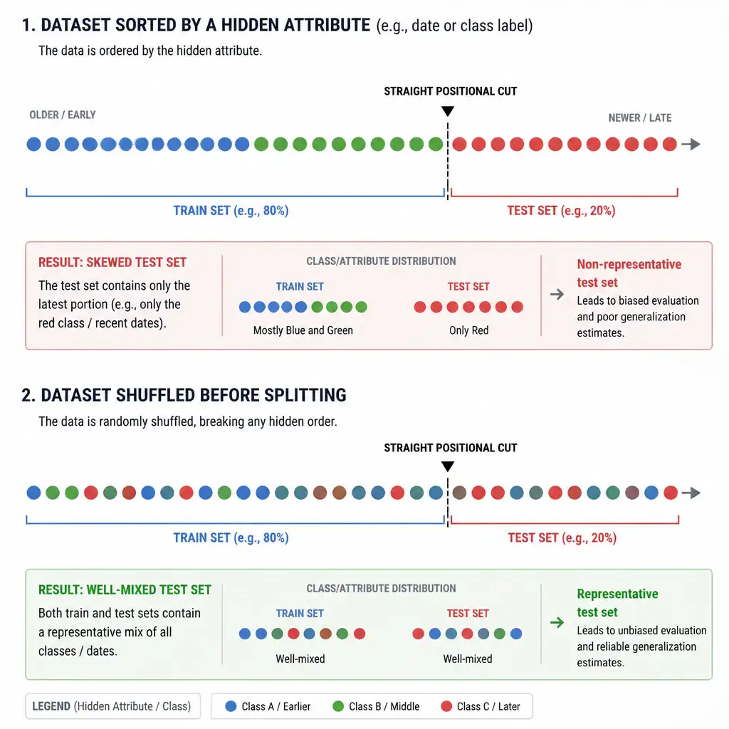 A dataset shown sorted by a hidden attribute like date or class label, with a straight positional cut producing a skewed non-representative test set, contrasted with a shuffled version producing a well-mixed, representative test set.