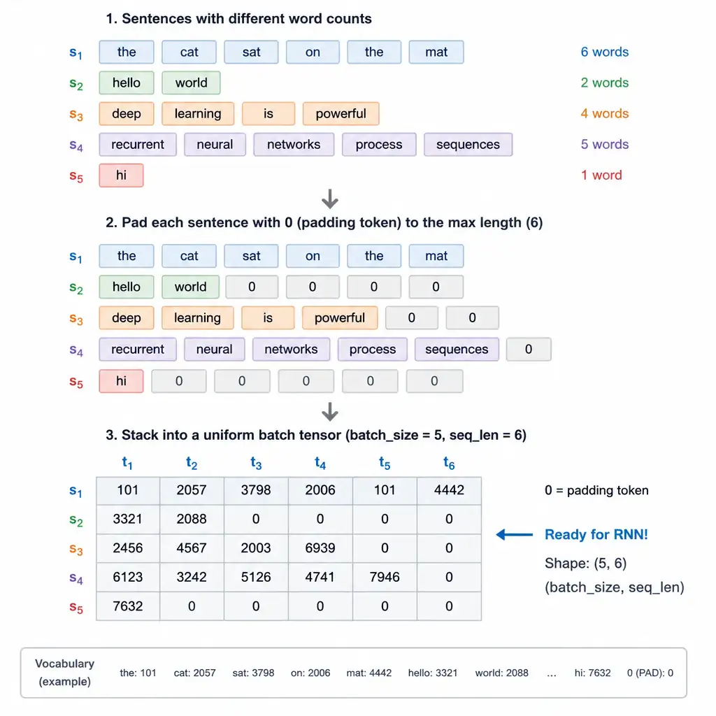A batch of sentences with different word counts shown being extended with padding tokens (zeros) until every sequence reaches the same length, stacking neatly into one uniform rectangular batch tensor ready for an RNN.