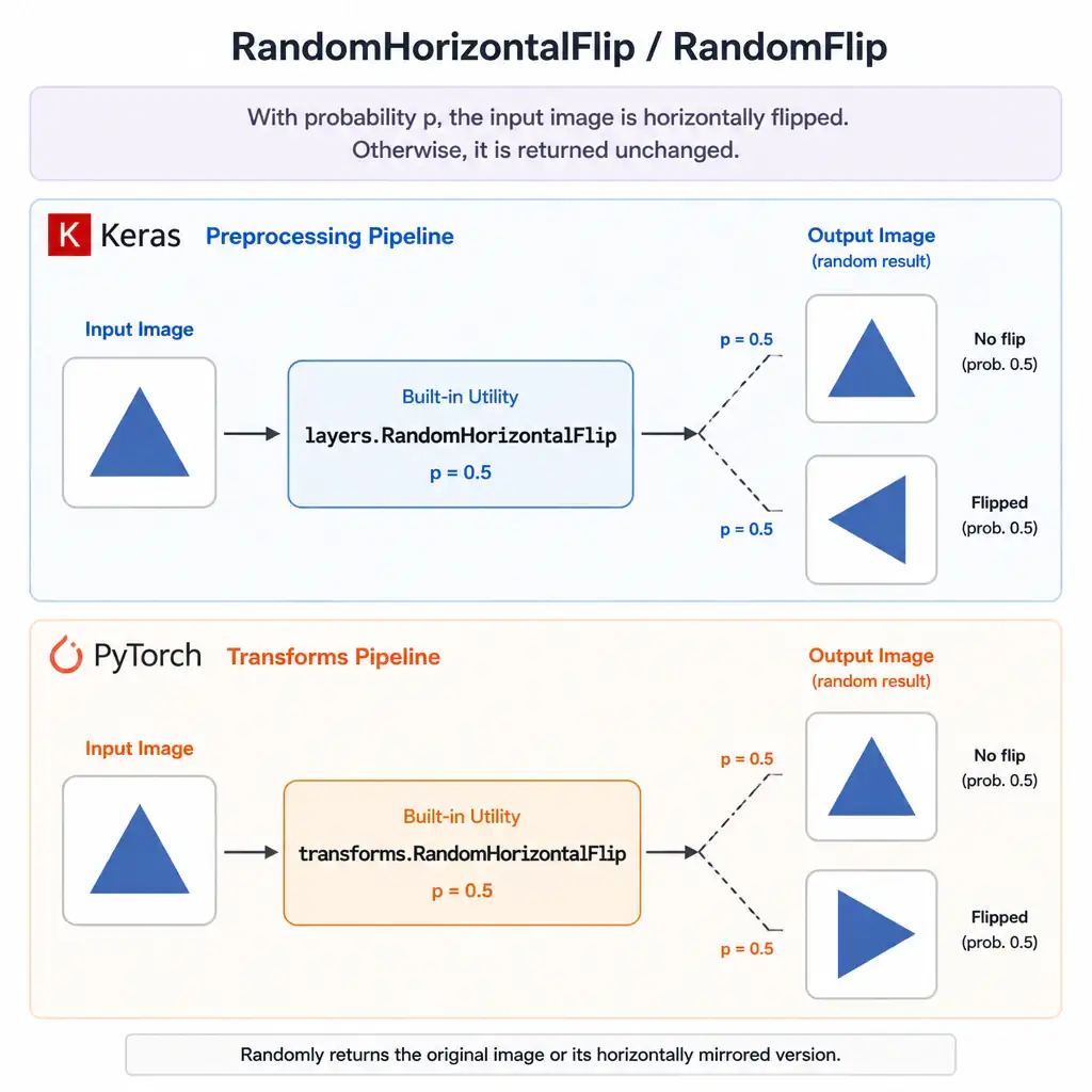 An image of a simple shape being fed through a RandomFlip or RandomHorizontalFlip augmentation block, producing a randomly mirrored version, shown as a labeled built-in utility within both a Keras preprocessing pipeline and a PyTorch transforms pipeline.
