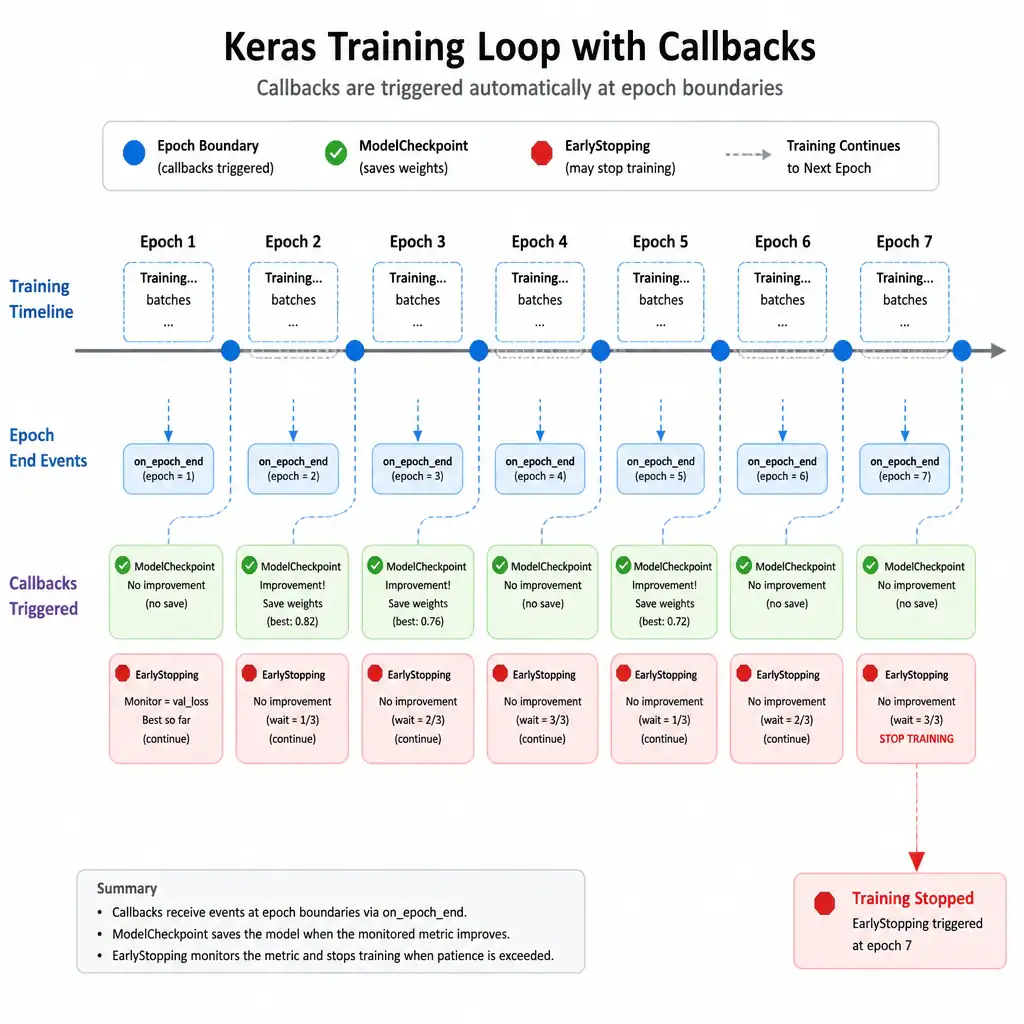 A Keras training loop timeline with markers at epoch boundaries where callback objects like ModelCheckpoint and EarlyStopping are shown automatically triggering actions such as saving weights or halting training.