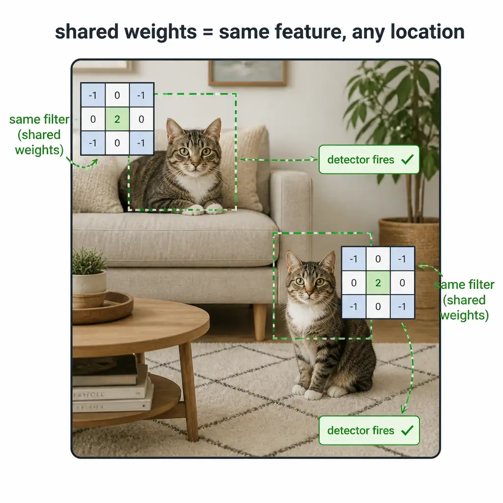 A cat icon appearing in two different corners of the same image frame, with matching convolutional filter overlays (identical small grid patterns) sliding over both locations to show the same detector firing regardless of position — labeled 'shared weights = same feature, any location'.