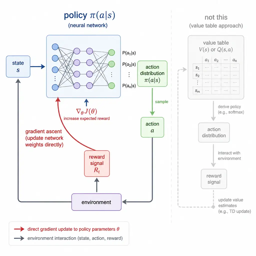 A diagram showing a neural network labeled 'policy π(a|s)' taking a state as input and outputting an action distribution, with a gradient-ascent arrow curving back from 'reward signal' to adjust the network's weights directly — contrasted faintly in the background with a grayed-out 'value table' approach labeled 'not this'.