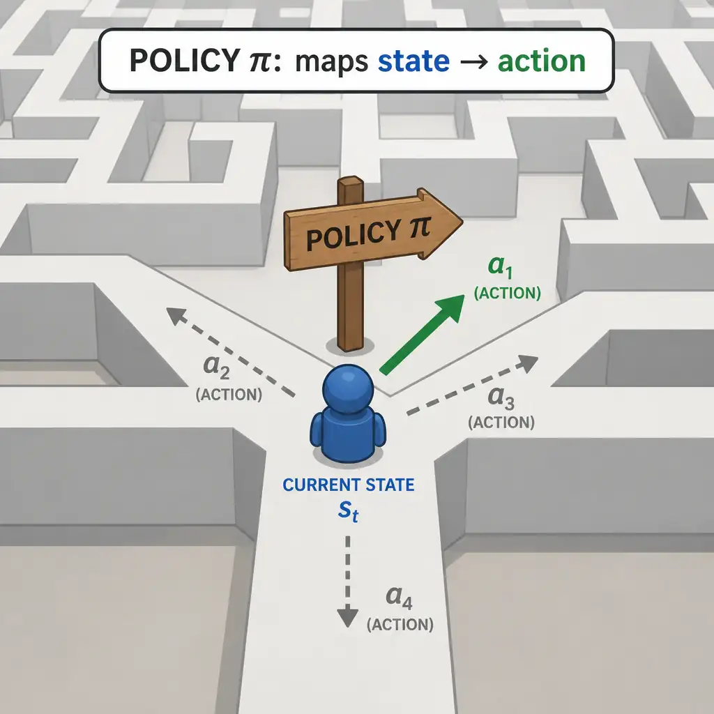 An agent icon standing at a fork in a maze labeled with the current 'state', with a signpost icon labeled 'POLICY π' pointing toward one of several possible action arrows, illustrating the policy as the decision rule mapping state to action.
