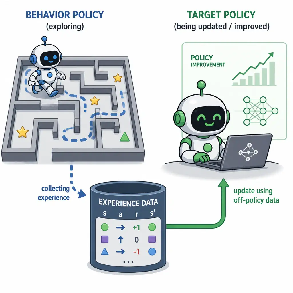 Two labeled robot icons: one labeled 'behavior policy' actively exploring a maze and collecting experience into a data bin, and a separate labeled 'target policy' being updated/improved using that same collected data, with an arrow connecting the data bin to the target policy to show the off-policy data flow.