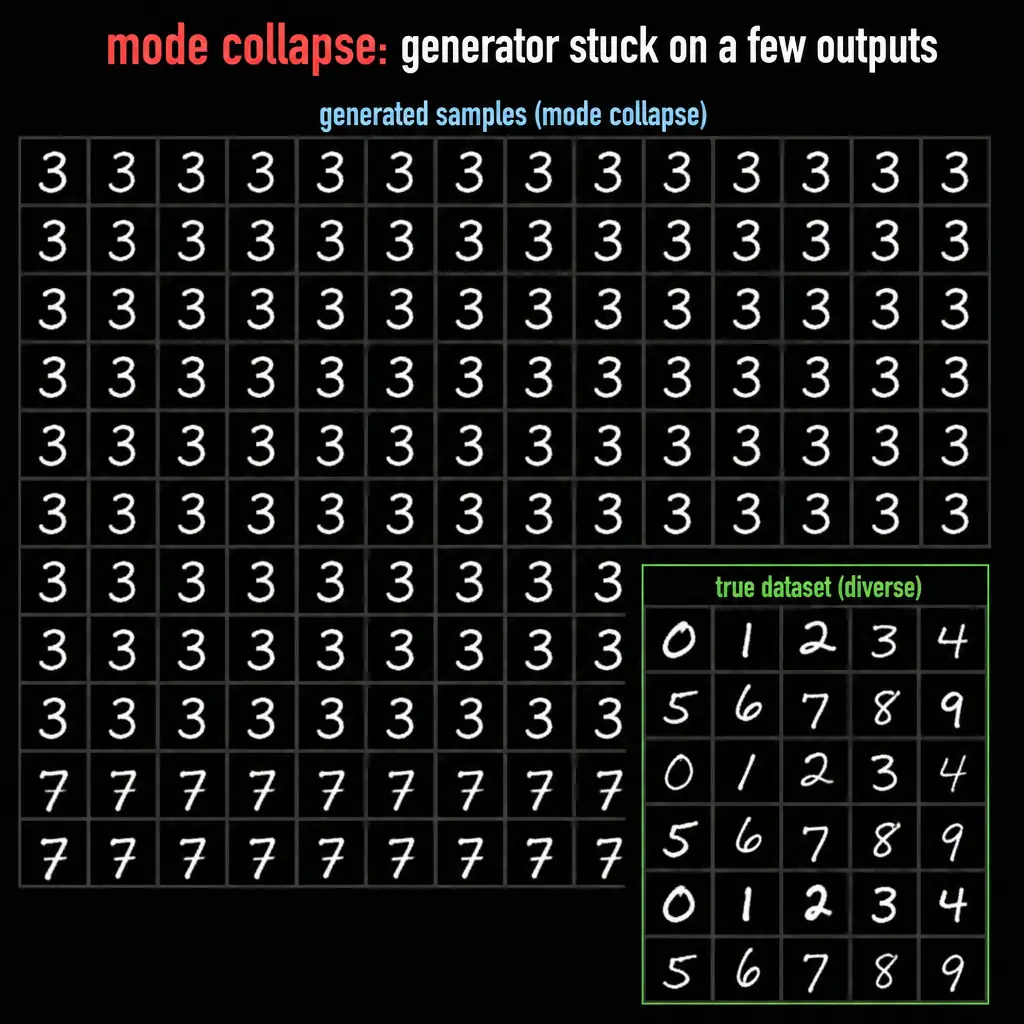 A grid of generated digit images where most cells show the exact same one or two digit styles repeated over and over, contrasted with a small inset showing the true diverse dataset (all ten digits, many styles) — labeled 'mode collapse: generator stuck on a few outputs'.