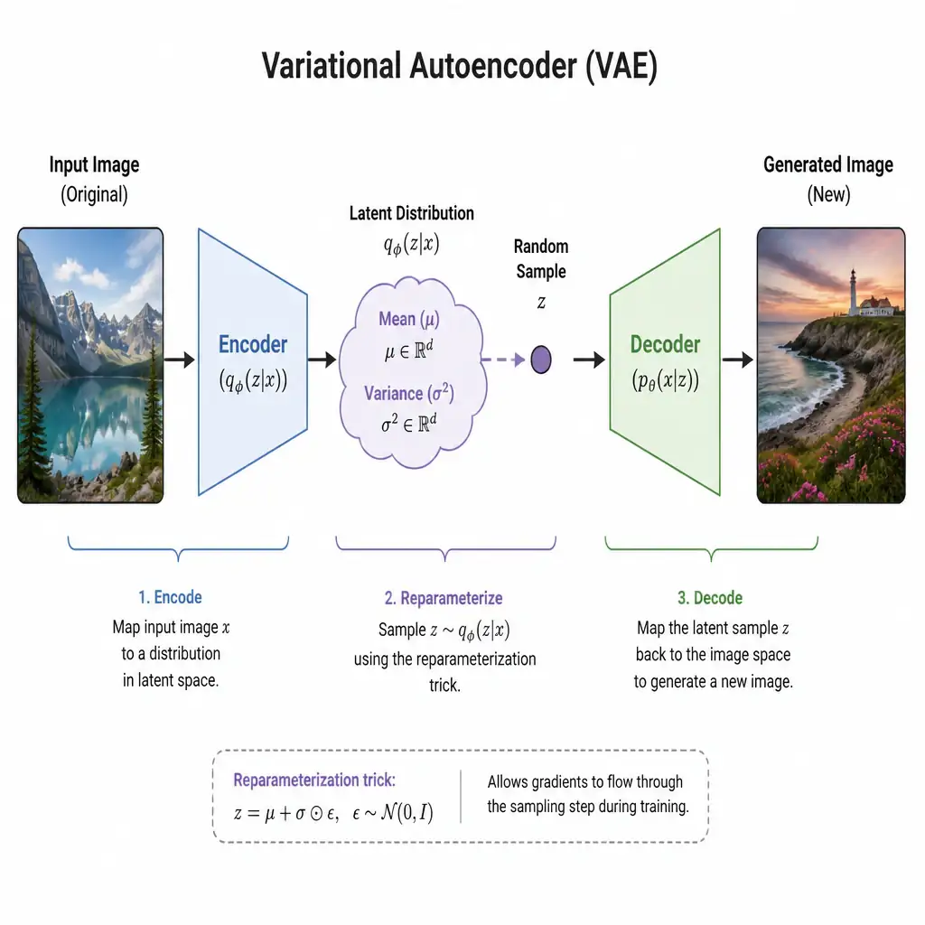 A VAE diagram: an encoder compressing an input image into a small cloud-shaped latent distribution (labeled with mean and variance), a random sample point drawn from that cloud, and a decoder expanding that sample back out into a brand-new generated image different from the original input.