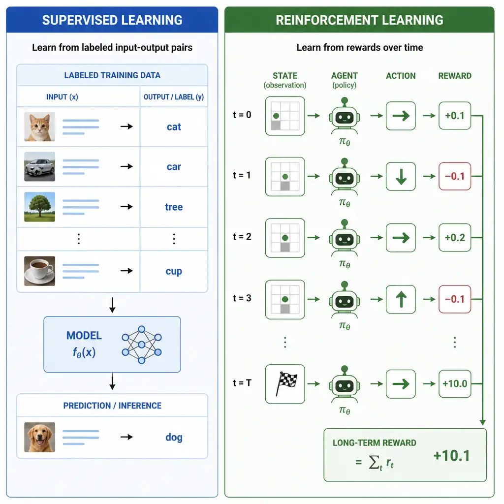 A side-by-side comparison: on one side a supervised-learning pipeline showing labeled input-output pairs feeding a model; on the other side an RL agent taking a chain of sequential actions through time steps, each yielding a reward, accumulating into a 'long-term reward' total — no labels present, only reward signals.