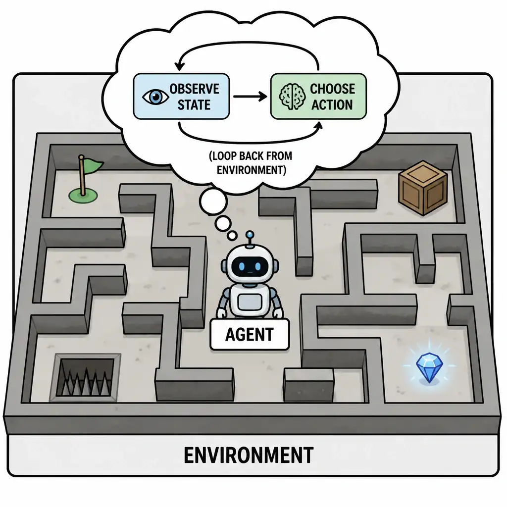 A labeled robot icon sitting inside a maze-like world, with a thought bubble showing 'observe state → choose action' looping back from the environment, explicitly labeled 'AGENT' to distinguish it from the surrounding 'ENVIRONMENT' box.