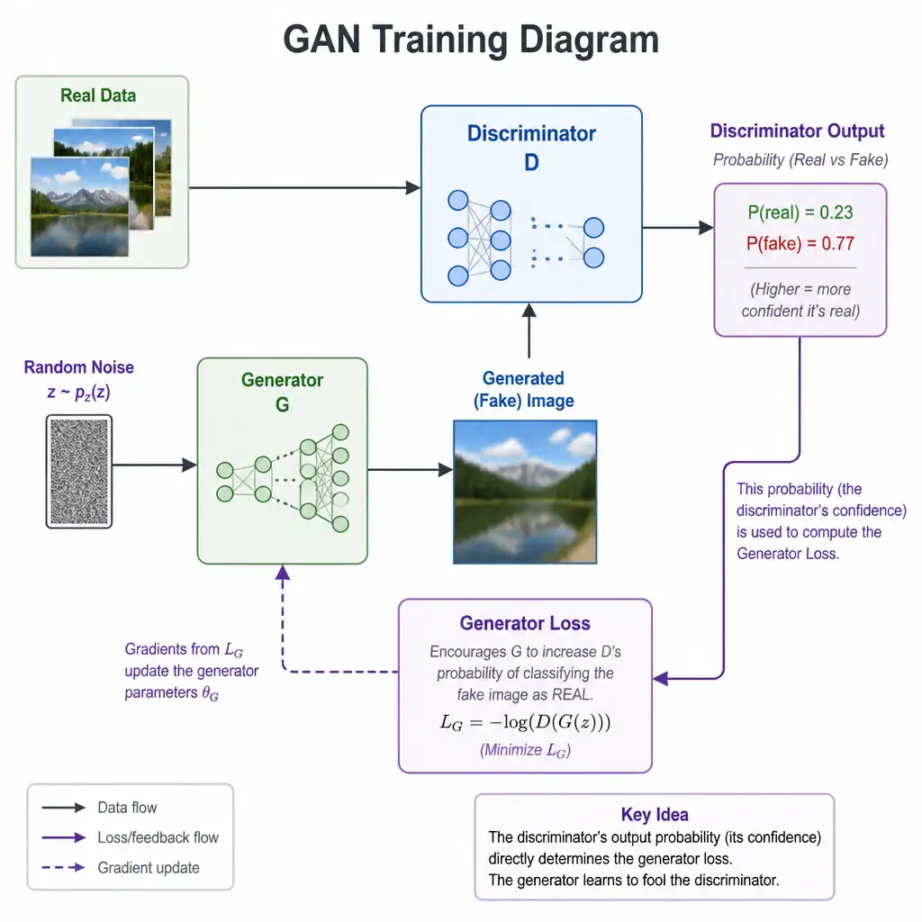 A GAN training diagram showing the generator producing a fake image, the discriminator outputting a probability score for 'real vs fake,' and an arrow from that probability score feeding back into a labeled 'generator loss' box, showing the loss is derived from the discriminator's confidence.
