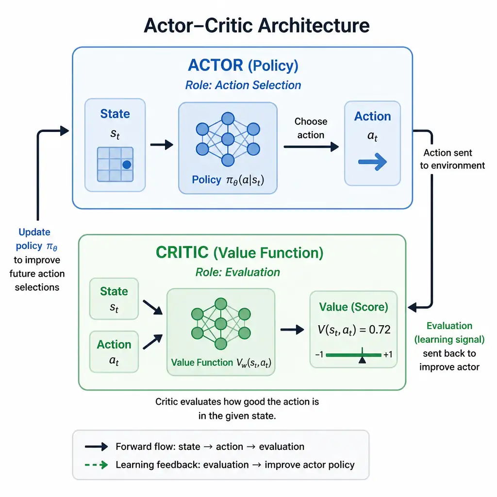 A two-part diagram: an 'actor' box choosing an action from a state, and a separate 'critic' box evaluating that action with a value score, with an arrow showing the critic's evaluation feeding back to improve the actor's policy — labeled clearly so the actor's role (action selection) is distinct from the critic's role (evaluation).