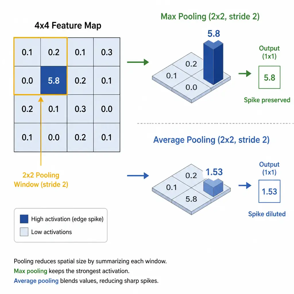 A 4x4 feature map grid with a 2x2 pooling window highlighted, showing one high 'spike' value (representing a sharp edge activation) among lower surrounding values — one path shows max pooling keeping that spike intact, the other shows average pooling blending it down into a smaller, diluted value.