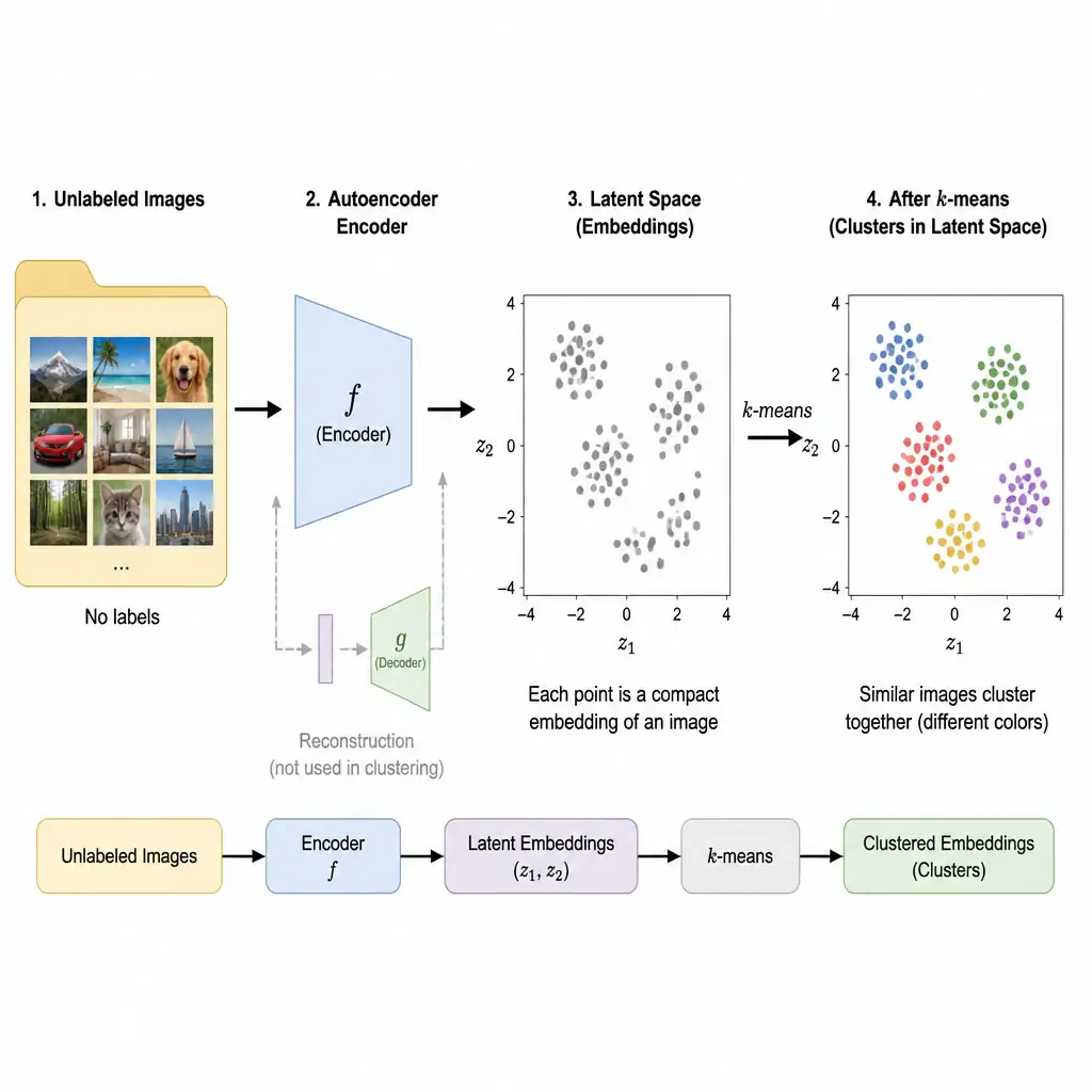 A pipeline diagram: a folder of unlabeled images feeding into an autoencoder's encoder, producing compact latent-space points plotted on a 2D scatterplot, with visibly similar images clustering into distinct colored groups after a k-means step is applied to those embeddings.